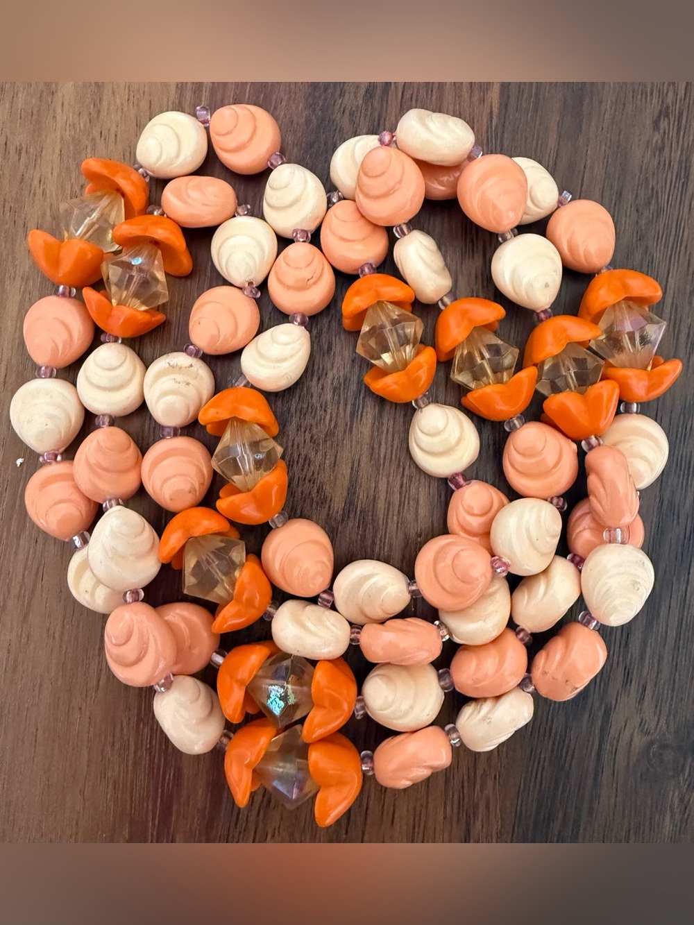 Vintage Peach, Cream & Orange Beaded Necklace Shells Acrylic Summer 36”